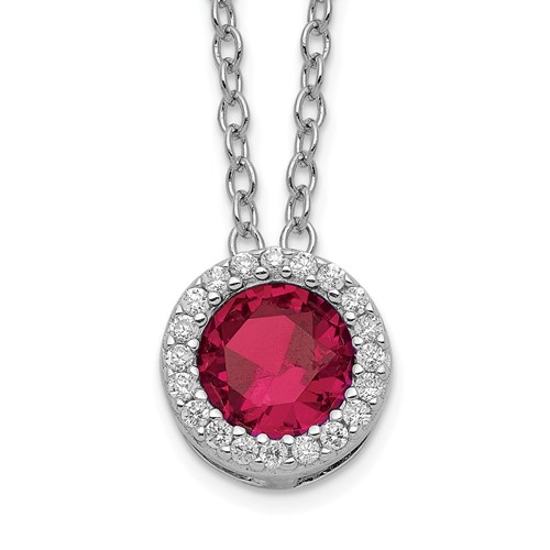 Cheryl M Sterling Silver Rhodium-plated Brilliant-cut Lab Created Ruby and Brilliant-cut White CZ Round Halo Necklace, 18"