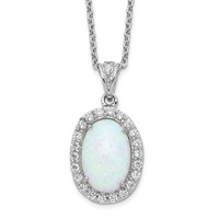 Cheryl M Sterling Silver Rhodium-plated Cabochon Lab Created Opal and Brilliant-cut CZ Oval Halo Necklace, 18" view 1