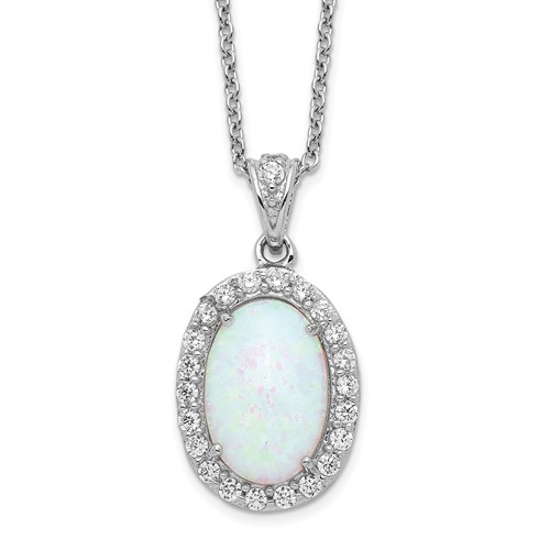 Cheryl M Sterling Silver Rhodium-plated Cabochon Lab Created Opal and Brilliant-cut CZ Oval Halo Necklace, 18"