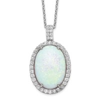 Cheryl M Sterling Silver Rhodium-plated Cabochon Lab Created Opal and Brilliant-cut CZ Oval Halo Necklace, 18" view 1