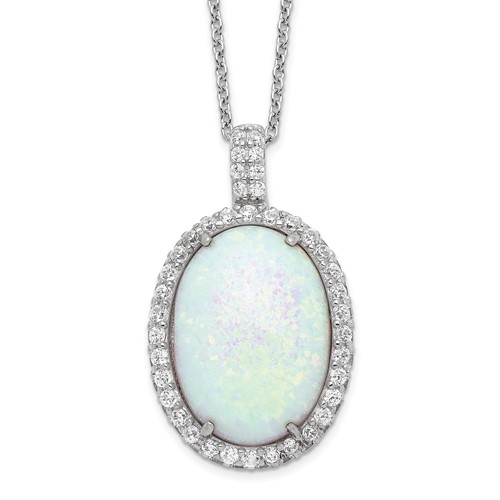 Cheryl M Sterling Silver Rhodium-plated Cabochon Lab Created Opal and Brilliant-cut CZ Oval Halo Necklace, 18"