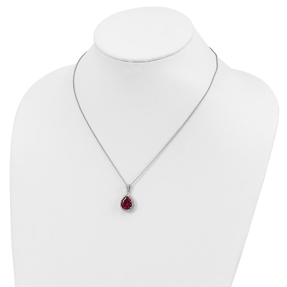 Cheryl M Sterling Silver Rhodium-plated Brilliant-cut Lab Created Ruby and Brilliant-cut White CZ Teardrop Halo 18 Inch Necklace