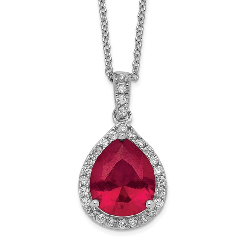 Cheryl M Sterling Silver Rhodium-plated Brilliant-cut Lab Created Ruby and Brilliant-cut White CZ Teardrop Halo Necklace, 18"
