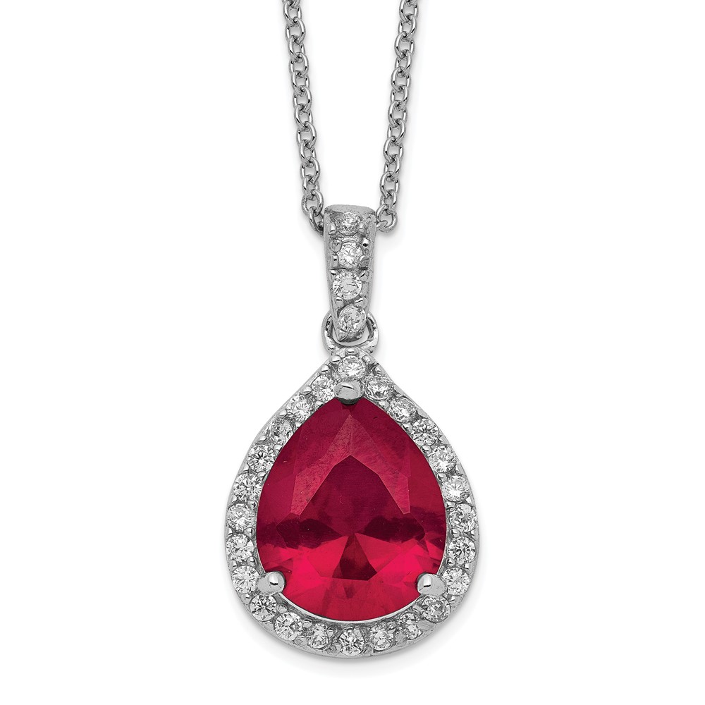 Cheryl M SS Rhod-plated CZ & Pear Center Lab Created Ruby 18in Necklace