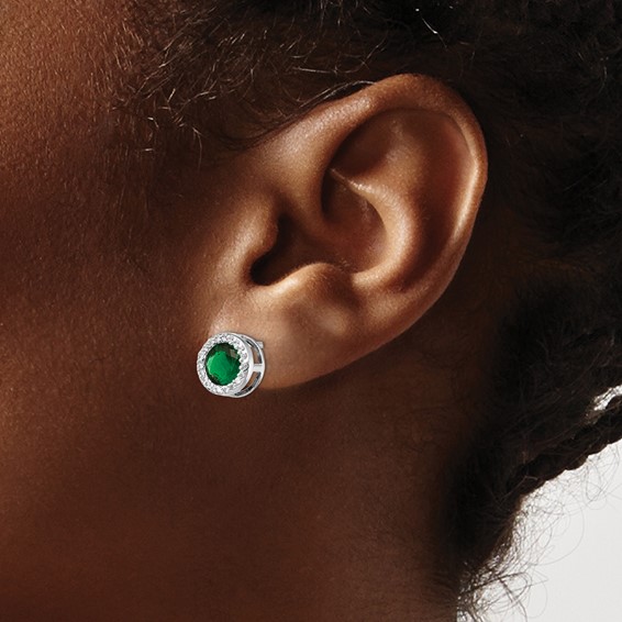 Cheryl M Sterling Silver Rhodium-plated Brilliant-cut Green Glass and Brilliant-cut White CZ Halo Post Earrings