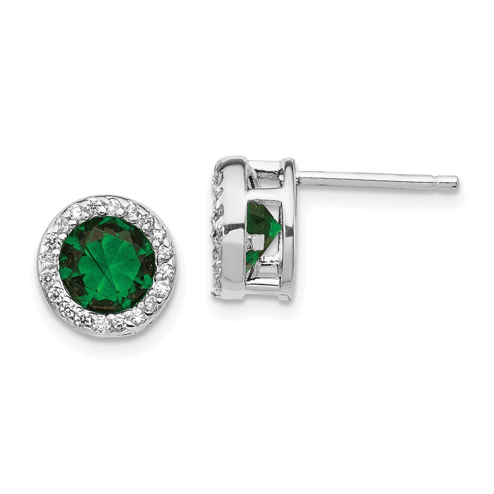 Sterling Silver Cheryl M Rh-p Green Glass Simulated Emerald CZ Post Earring
