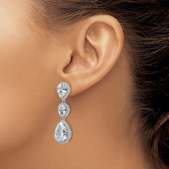 Cheryl M Sterling Silver Rhodium-plated Brilliant-cut Three Teardrop CZ Halo Post Dangle Earrings