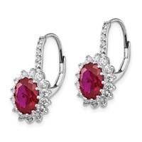 Cheryl M Sterling Silver Rhodium-plated Brilliant-cut Lab Created Ruby and Brilliant-cut White CZ Oval Halo Leverback Earrings view 2