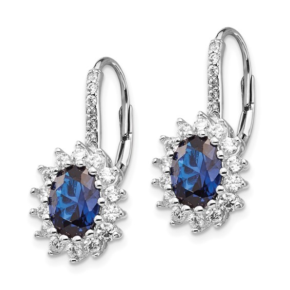 Cheryl M Sterling Silver Rhodium-plated Brilliant-cut Lab Created Dark Blue Spinel and Brilliant-cut White CZ Oval Halo Leverback Earrings