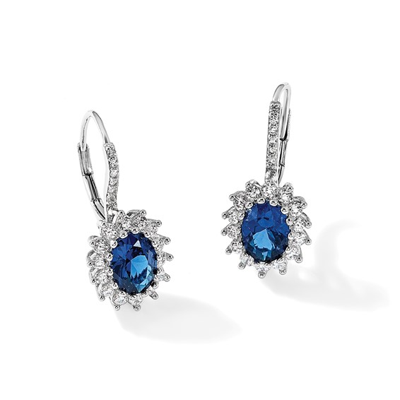 Cheryl M Sterling Silver Rhodium-plated Brilliant-cut Lab Created Dark Blue Spinel and Brilliant-cut White CZ Oval Halo Leverback Earrings