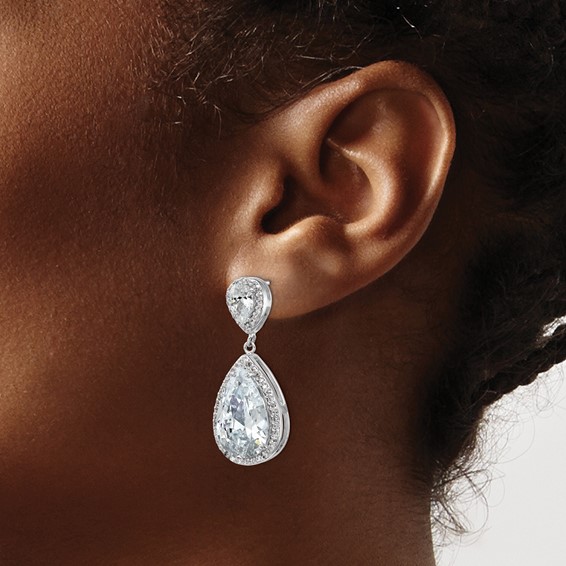 Cheryl M Sterling Silver Rhodium-plated Fancy Brilliant-cut Pear Shaped CZ Post Dangle Earrings