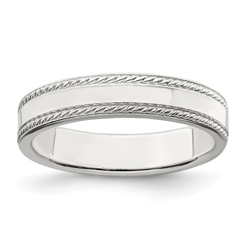 Sterling Silver 4mm Flat Band with Rope Edge, Size 4