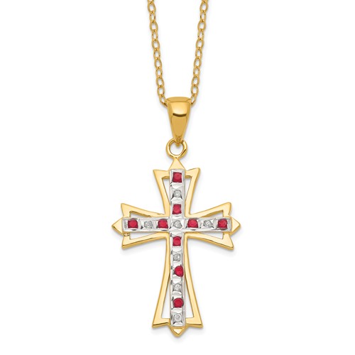 Diamond Fascination Diamond Mystique Sterling Silver 18K Gold-plated Diamond and Ruby Cross Necklace, 18"