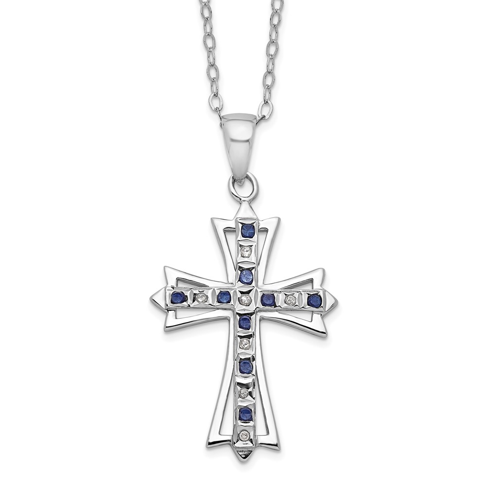 Diamond Fascination Diamond Mystique Sterling Silver Platinum-plated Diamond and Sapphire Cross Necklace, 18"