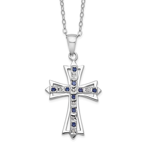 Diamond Fascination Diamond Mystique Sterling Silver Platinum-plated Diamond and Sapphire Cross Necklace, 18"
