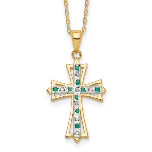 Diamond Fascination Diamond Mystique Sterling Silver 18K Gold-plated Diamond and Emerald Cross Necklace, 18"