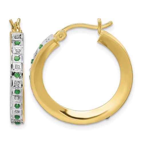 Diamond Fascination Diamond Mystique Sterling Silver 18K Gold-plated Diamond and Emerald Round Hoop Earrings