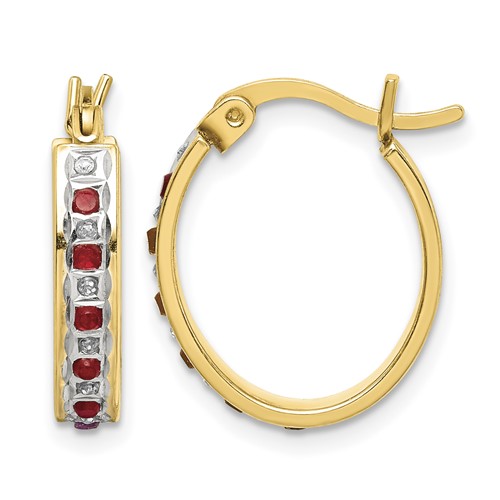 Diamond Fascination Diamond Mystique Sterling Silver 18K Gold-plated Diamond and Ruby Oval Hoop Earrings
