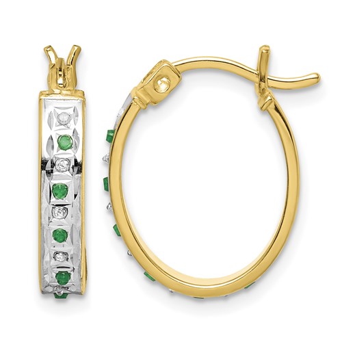 Diamond Fascination Diamond Mystique Sterling Silver 18K Gold-plated Diamond and Emerald Oval Hoop Earrings
