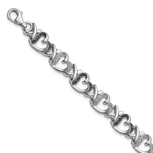 White Night Sterling Silver Rhodium-plated Black and White Diamond Heart Bracelet, 7.5"