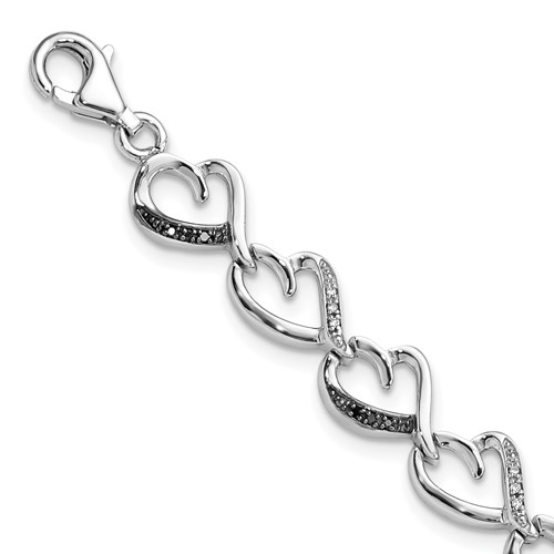 White Night Sterling Silver Rhodium-plated Black and White Diamond Heart Infinity Bracelet, 7.5"
