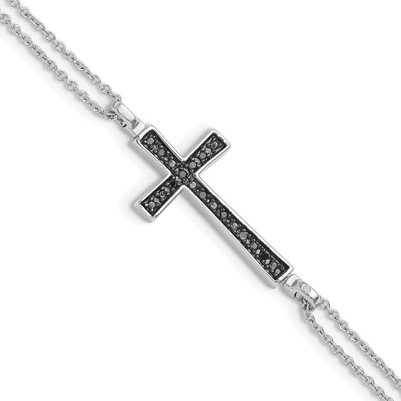 Sterling Silver Rhod 0.1ct. Blk & Wht Dia. Rvsble Cross 2 Strand Bracelet