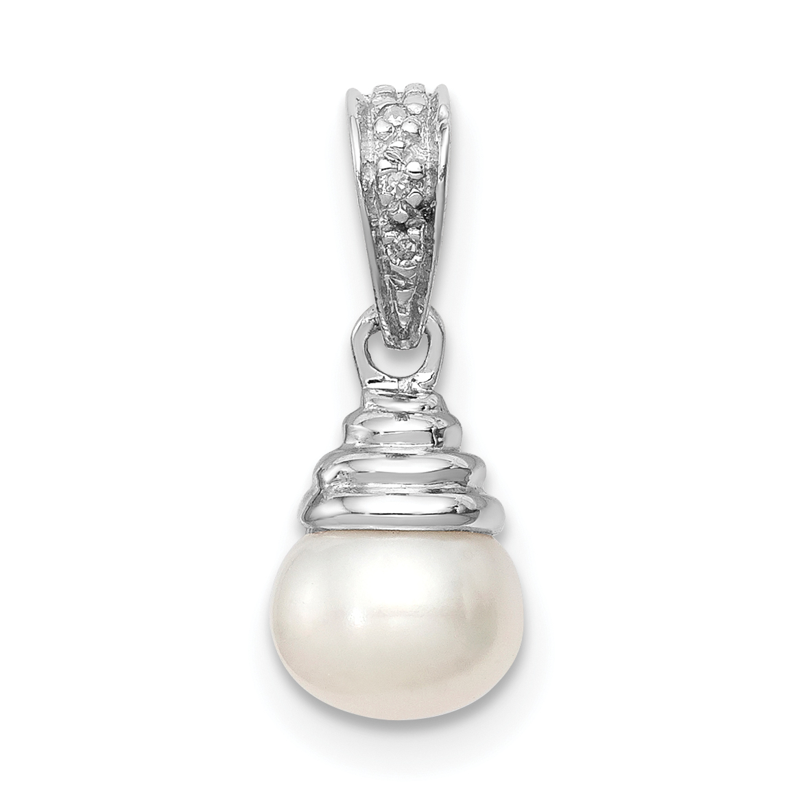 Sterling Silver Rhodium 5-6mm FW Cultured Pearl & Diamond Pendant (QDX300)