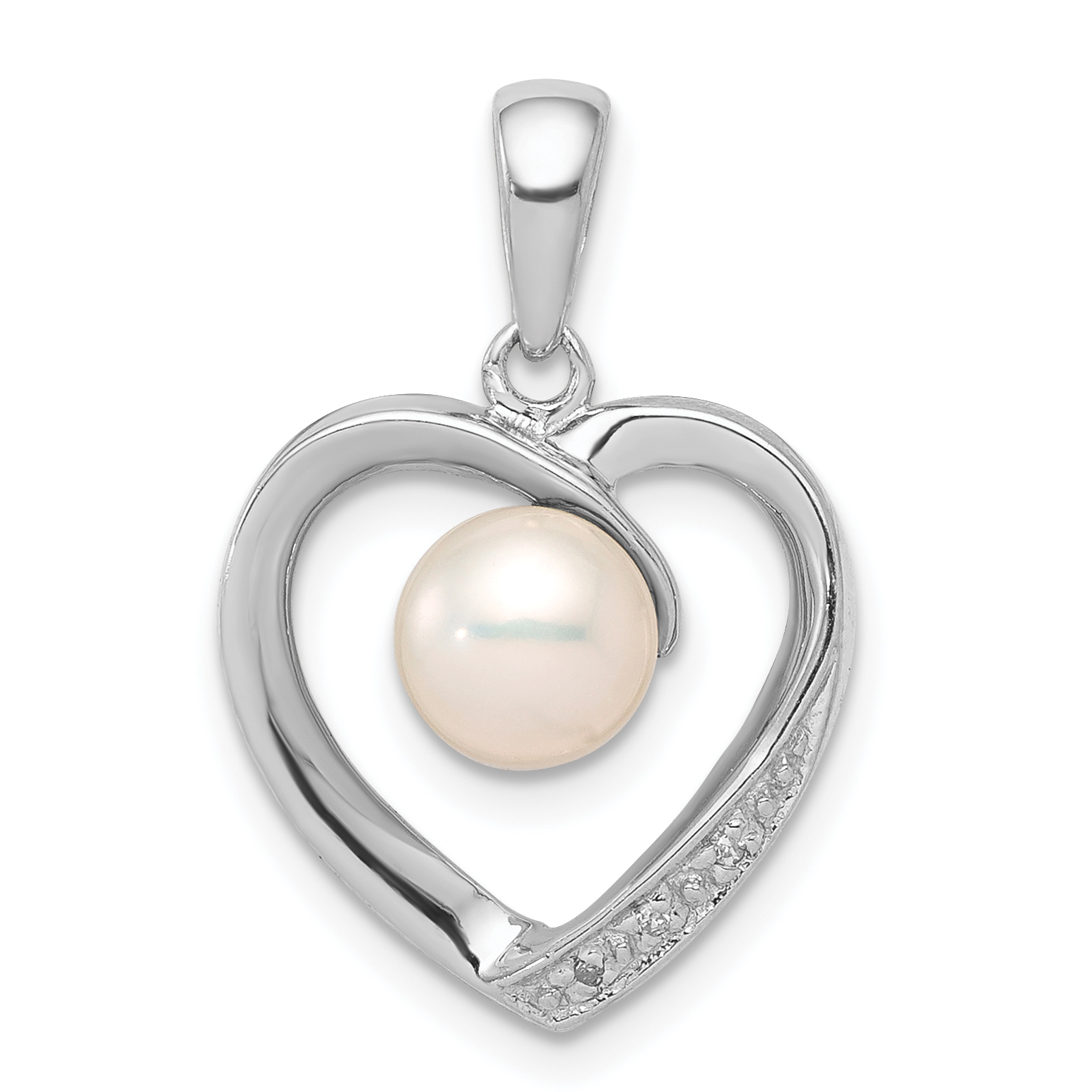 Sterling Silver Rhodium 6mm FW Cultured Pearl & Diamond Heart Pendant (QDX301)