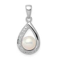 Sterling Silver Rhodium 6mm FW Cltrd Pearl & Diamond Teardrop Pendant view 1