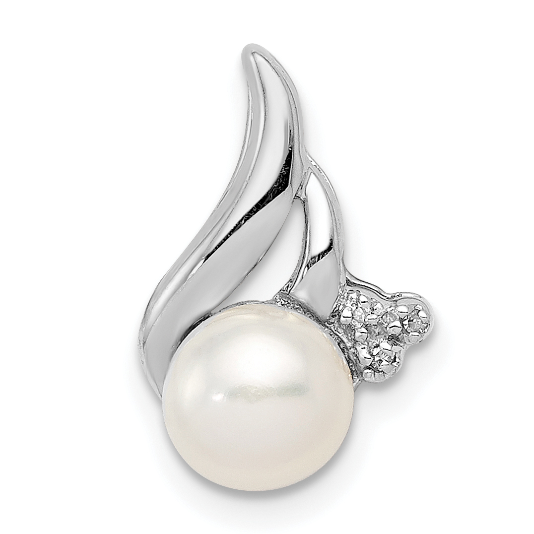 Sterling Silver Rhodium 6mm FW Cultured Pearl & Diamond Chain Slide (QDX303)