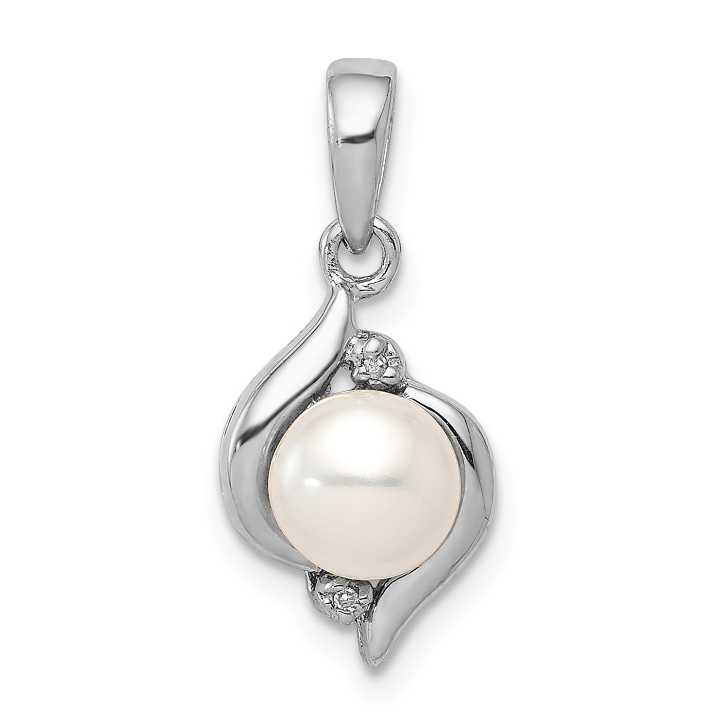 Sterling Silver Rhodium 6mm FW Cultured Pearl & Diamond Pendant (QDX304)