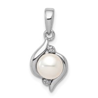 Sterling Silver Rhodium 6mm FW Cultured Pearl & Diamond Pendant view 1