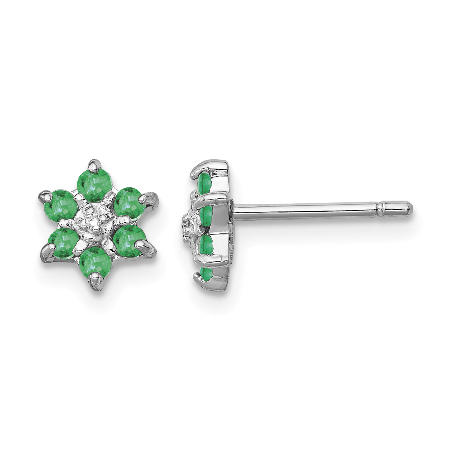 Sterling Silver Rhodium Emerald & Diamond Post Earrings (QDX307)