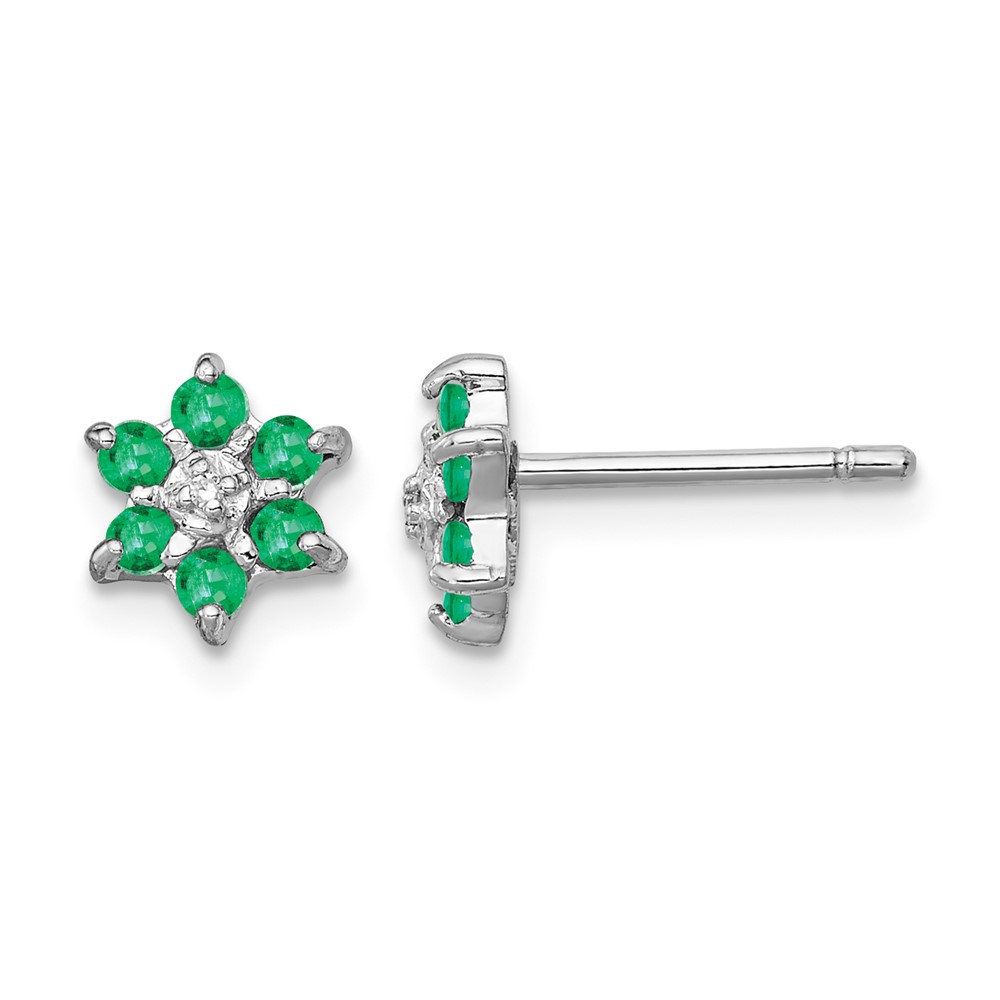 Sterling Silver Rhodium Emerald & Diamond Post Earrings (QDX307)