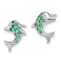 Sterling Silver Rhodium Emerald & Diamond Dolphin Post Earrings view 2