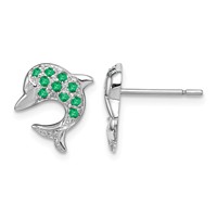 Sterling Silver Rhodium Emerald & Diamond Dolphin Post Earrings view 1