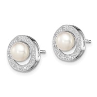 Sterling Silver Rhodium 6mm FW Cultured Pearl & Diamond Post Ear view 2