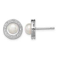 Sterling Silver Rhodium 6mm FW Cultured Pearl & Diamond Post Ear view 1