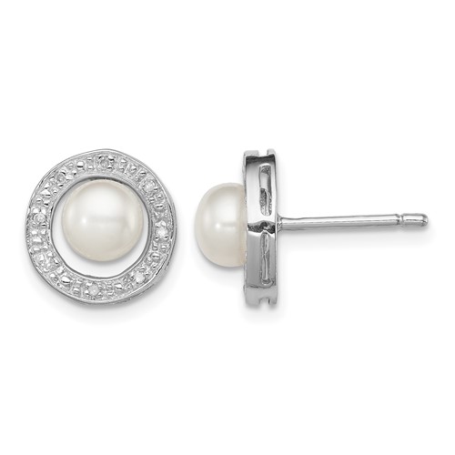 Sterling Silver Rhodium 6mm FW Cultured Pearl & Diamond Post Ear