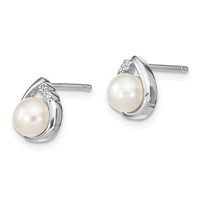 Sterling Silver Rhodium-plated 5mm FW Cultured Pearl & Diamond Post Ear view 2