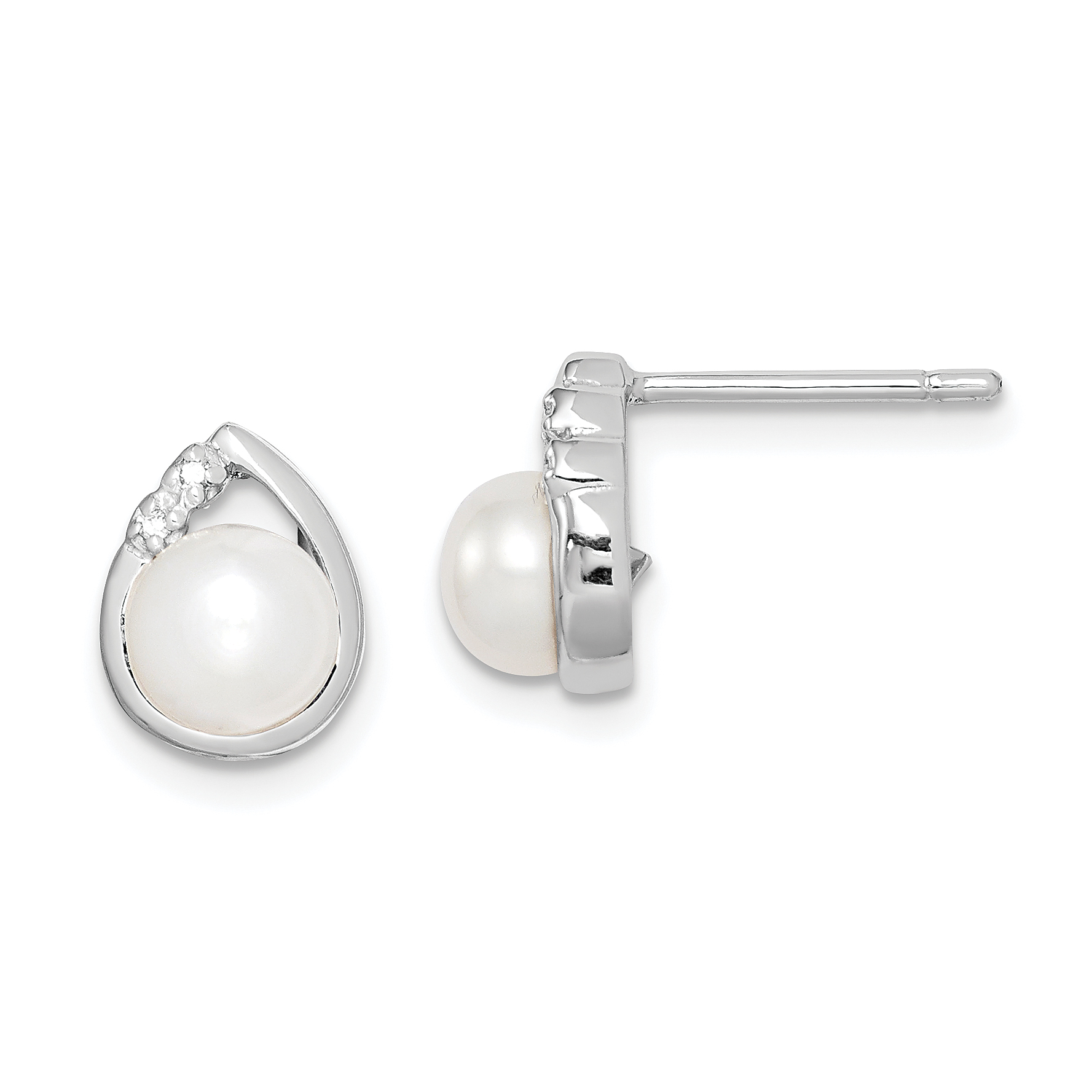 Sterling Silver Rhodium-plated 5mm FW Cultured Pearl & Diamond Post Ear (QDX312)