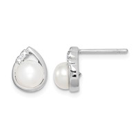 Sterling Silver Rhodium-plated 5mm FW Cultured Pearl & Diamond Post Ear view 1