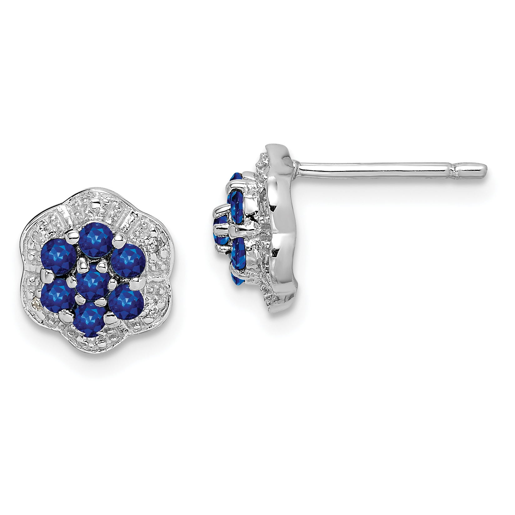Sterling Silver Rhodium Sapphire & Diamond Post Earrings (QDX315)