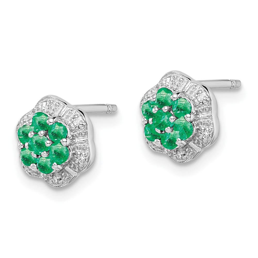 Sterling Silver Rhodium Emerald & Diamond Post Earrings (QDX316)