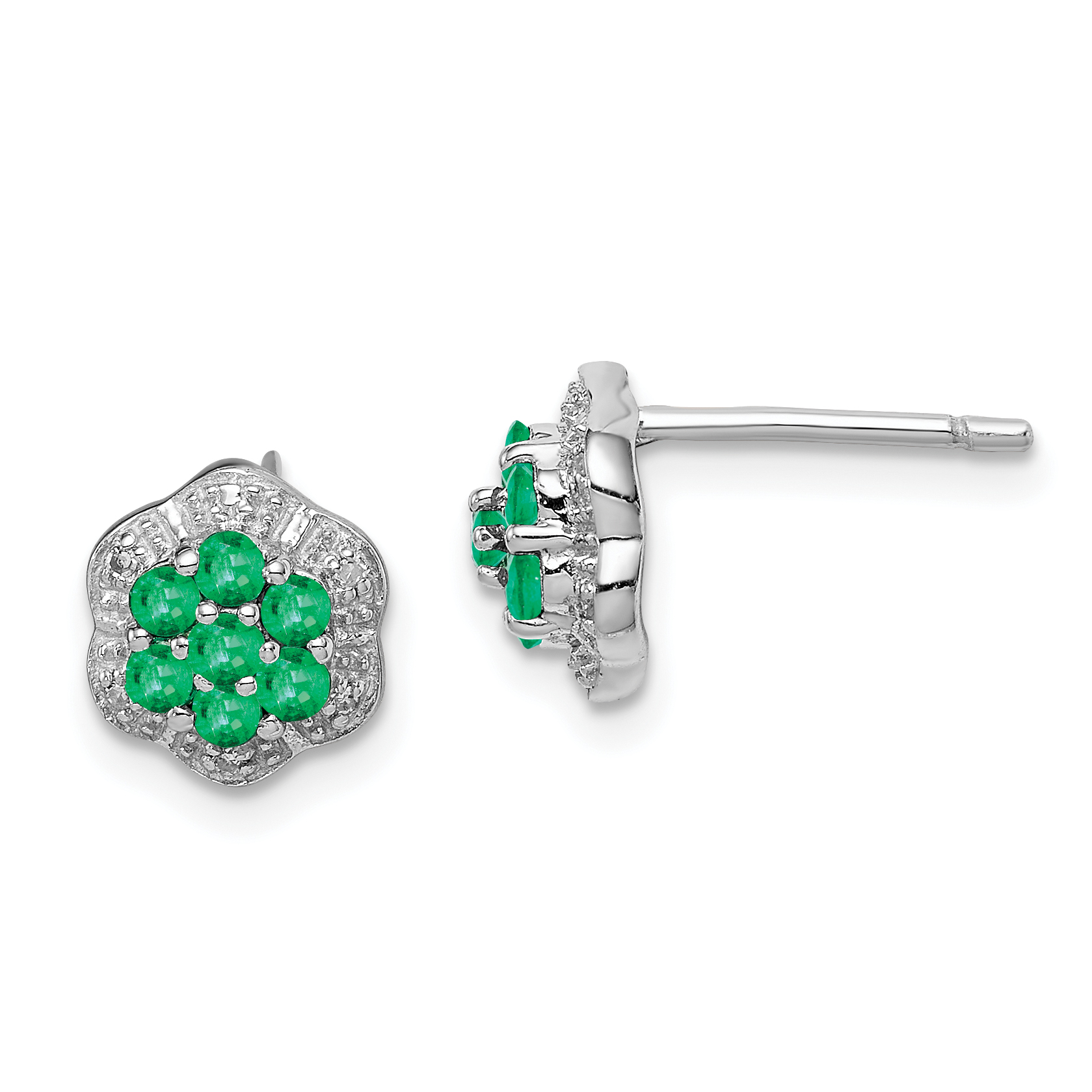 Sterling Silver Rhodium Emerald & Diamond Post Earrings (QDX316)