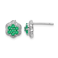Sterling Silver Rhodium Emerald & Diamond Post Earrings view 1