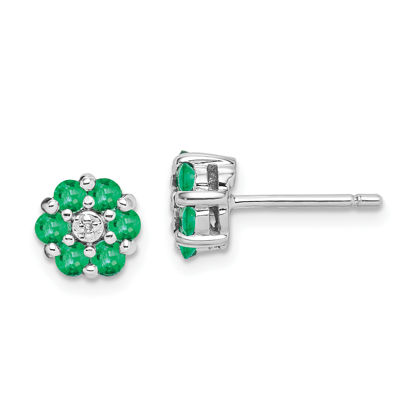 Sterling Silver Rhodium Emerald & Diamond Post Earrings (QDX318)