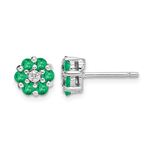 Sterling Silver Rhodium Emerald & Diamond Post Earrings