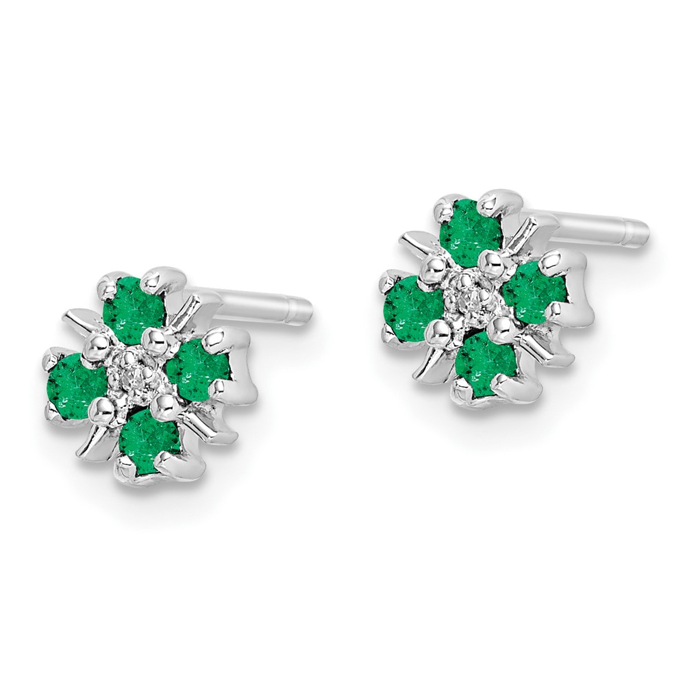 Sterling Silver Rhodium Emerald & Diamond Post Earrings (QDX320)