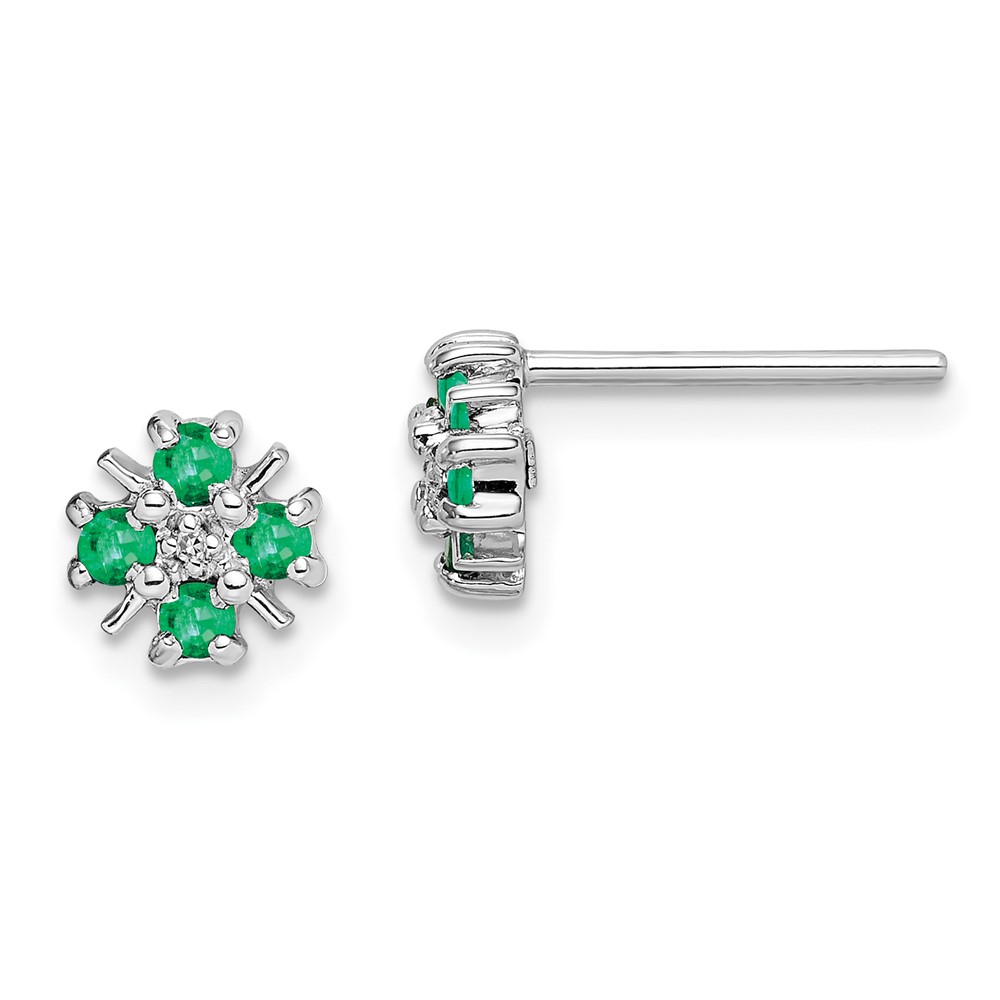 Sterling Silver Rhodium Emerald & Diamond Post Earrings (QDX320)